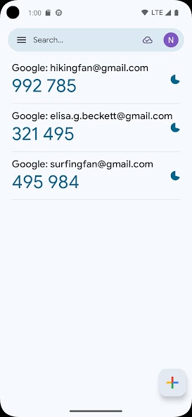 Google Authenticator-ի իրական էկրան՝ վեցանիշ կոդերով