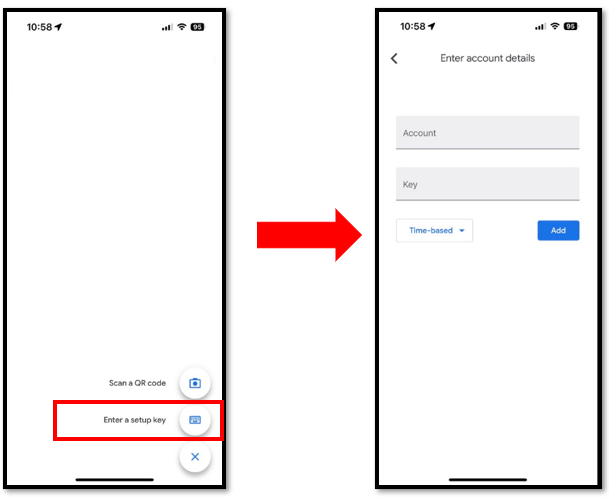 Google Authenticator-ի իրական էկրաններ՝ Enter a setup key ընտրությունից մինչև Account, Key, Time-based և Add դաշտերը